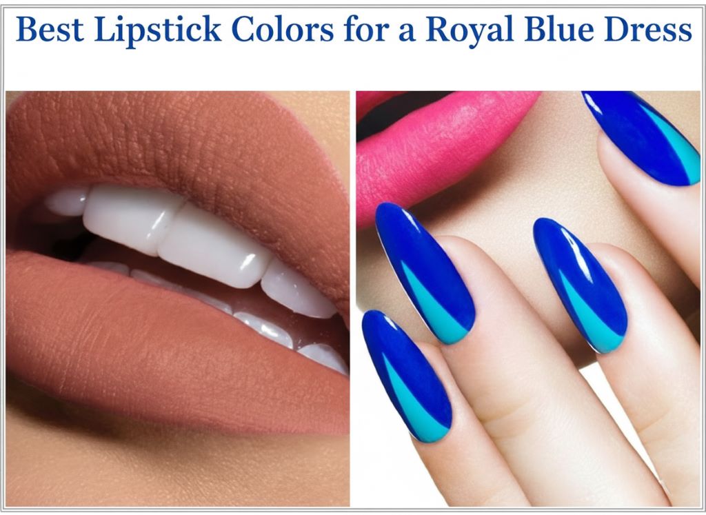 Close-up of nude lipstick swatches on various skin tones, paired with a royal blue fabric sample