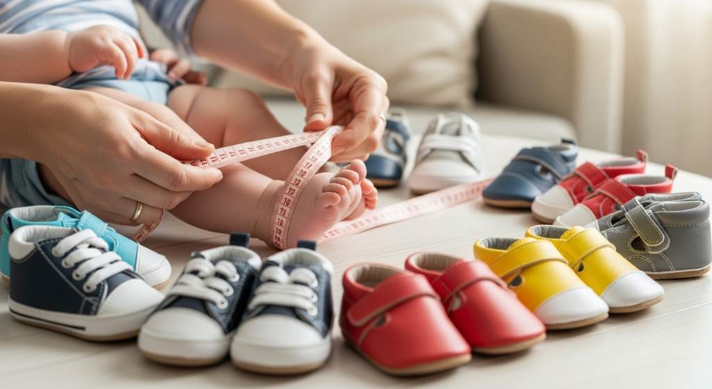 Parent measuring baby's foot with tape, surrounded by colorful shoe options on table.