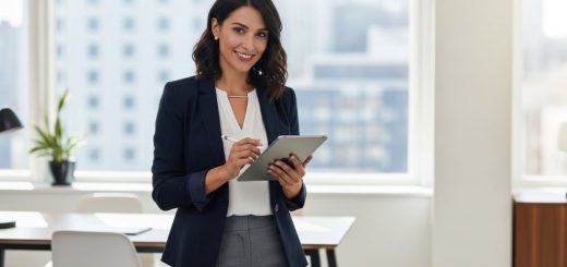 Professional woman wearing business casual outfit with navy blazer, white blouse, and tailored gray trousers in modern office