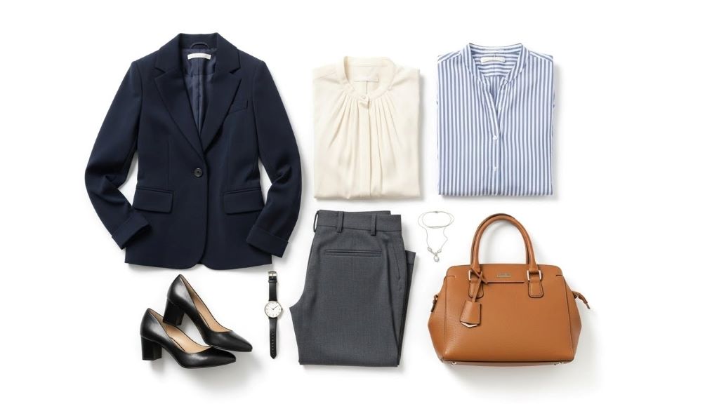 Flat lay of business casual wardrobe essentials including blazer, blouses, trousers, pumps, and accessories on white background