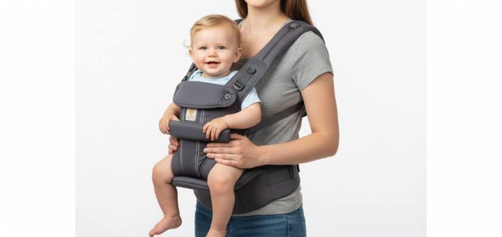 Momcozy hip seat baby carrier in use with parent and smiling baby facing forward