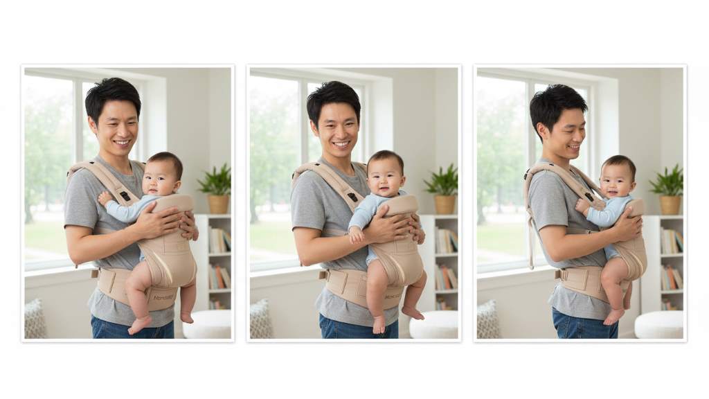 Parent demonstrating multiple carrying positions with Momcozy hip seat baby carrier