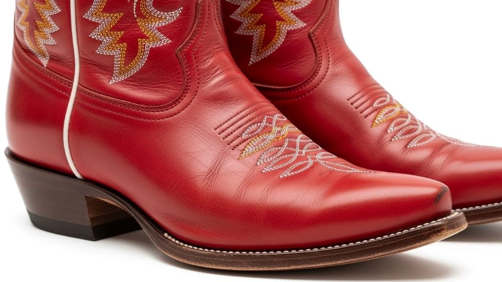 Close-up of vibrant red cowboy boots showing detailed stitching and leather texture