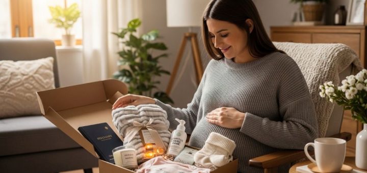 Expecting mother opening thoughtful pregnancy gift including comfort items and practical maternity essentials for her journey