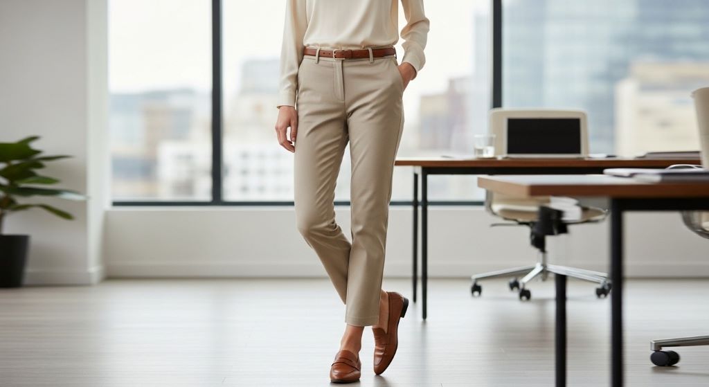 Beige chinos styled with brown leather loafers and tucked blouse creating polished business casual look with flat shoes