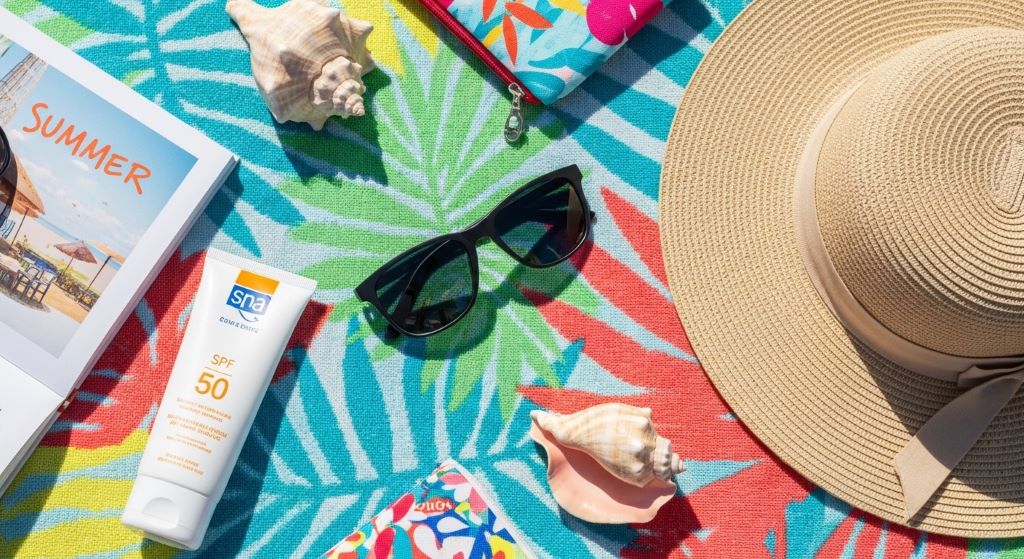Flat lay of summer beach fashion accessories including a pair of polarized sunglasses, a straw hat, and sunscreen on a colorful towel