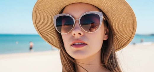 A woman wearing oversized cat-eye sunglasses on a sunny beach, styled with affordable luxury sunglasses and a wide-brim straw hat