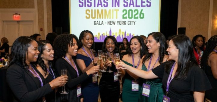 A group of women of color in professional attire networking and celebrating at the Sistas in Sales Summit 2026 Gala in New York City, with a vibrant event backdrop behind them