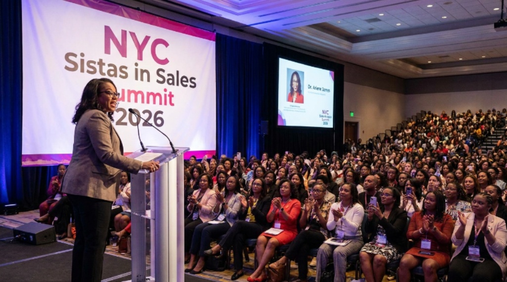 A keynote speaker addressing a packed audience of over 1,000 women of color sales professionals on stage at the NYC Sistas in Sales Summit 2026