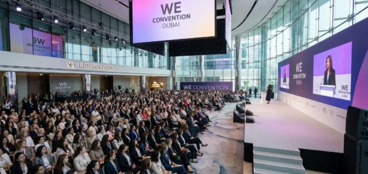 Thousands of women leaders gathered at WE Convention Dubai, with a keynote speaker on the main stage at SO/ Uptown Dubai
