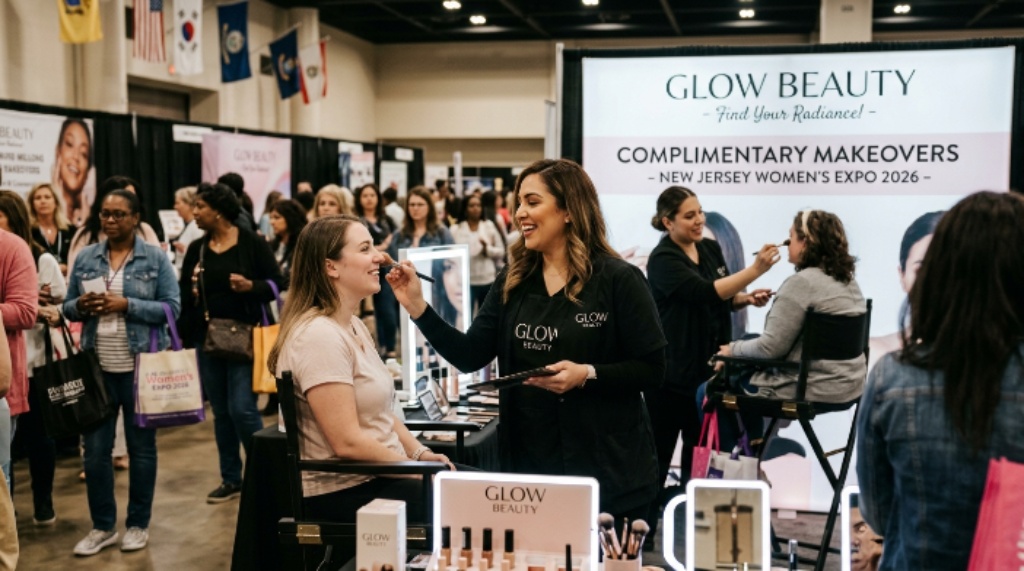 A beauty expert applying a complimentary makeover on a visitor at a beauty brand booth during the New Jersey Women's Expo 2026 in Edison New Jersey