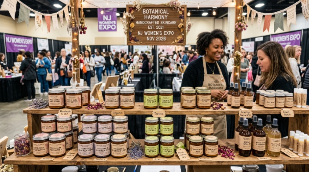 Rows of handcrafted body butter and organic skincare products on display at an artisan beauty brand booth at the NJ Women's Expo November 2026