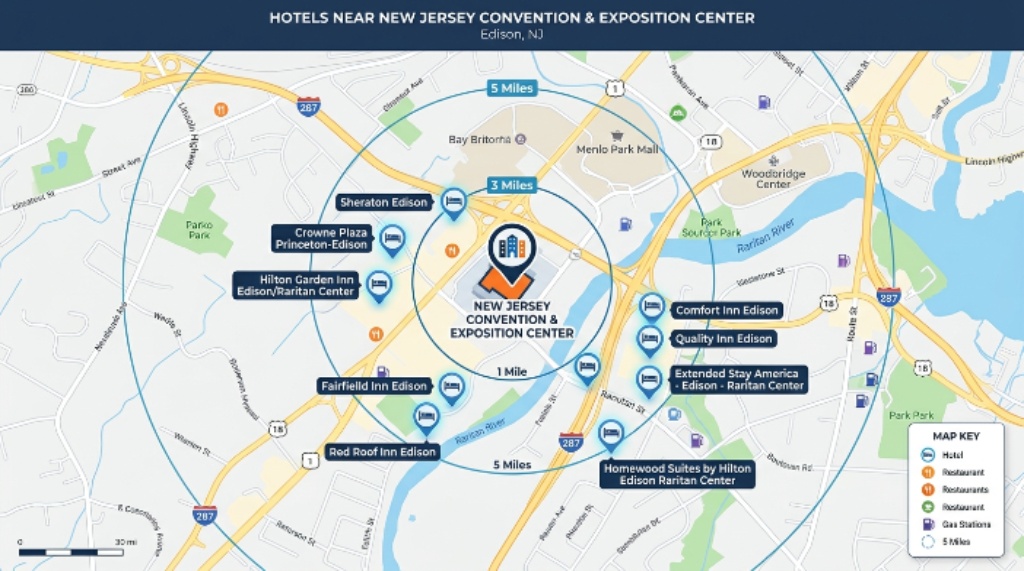 Map showing hotels closest to New Jersey Convention and Exposition Center Edison