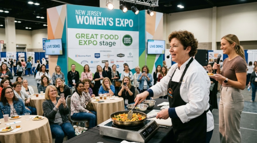 Live cooking demonstration at New Jersey Women's Expo Great Food Expo stage