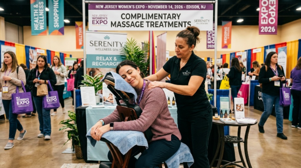 A visitor receiving a complimentary massage treatment at a wellness booth during the New Jersey Women's Expo on November 14 2026 in Edison NJ