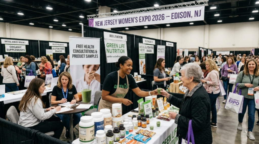 Nutrition and wellness product vendors at the New Jersey Women's Expo 2026 offering health consultations and free samples to attendees in Edison New Jersey