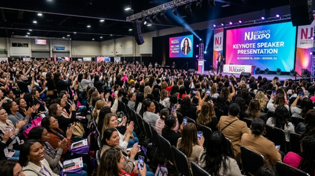 A crowd of women attending a celebrity keynote speaker presentation on the main stage at the New Jersey Women's Expo on November 14 2026 in Edison NJ