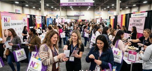 Women shopping at vendor booths and collecting free samples at the New Jersey Women's Expo 2026 inside the New Jersey Expo Center in Edison