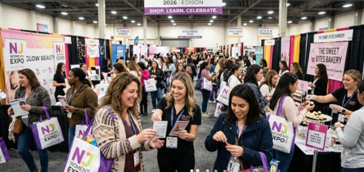 Women shopping at vendor booths and collecting free samples at the New Jersey Women's Expo 2026 inside the New Jersey Expo Center in Edison