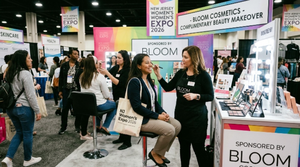 A visitor receiving a complimentary beauty makeover at a sponsored treatment station inside the New Jersey Women's Expo 2026 at the NJ Expo Center