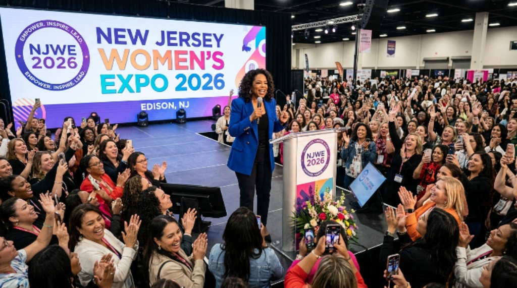 A celebrity keynote speaker on stage surrounded by an enthusiastic crowd of women at the New Jersey Women's Expo 2026 in Edison, New Jersey