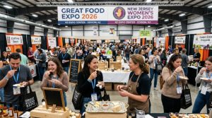 Visitors tasting artisanal food and beverage samples at the Great Food Expo running alongside the New Jersey Women's Expo 2026 at the NJ Expo Center in Edison
