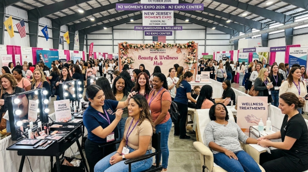Visitors enjoying complimentary beauty makeovers and wellness treatments at the New Jersey Women's Expo 2026 inside the NJ Expo Center in Edison