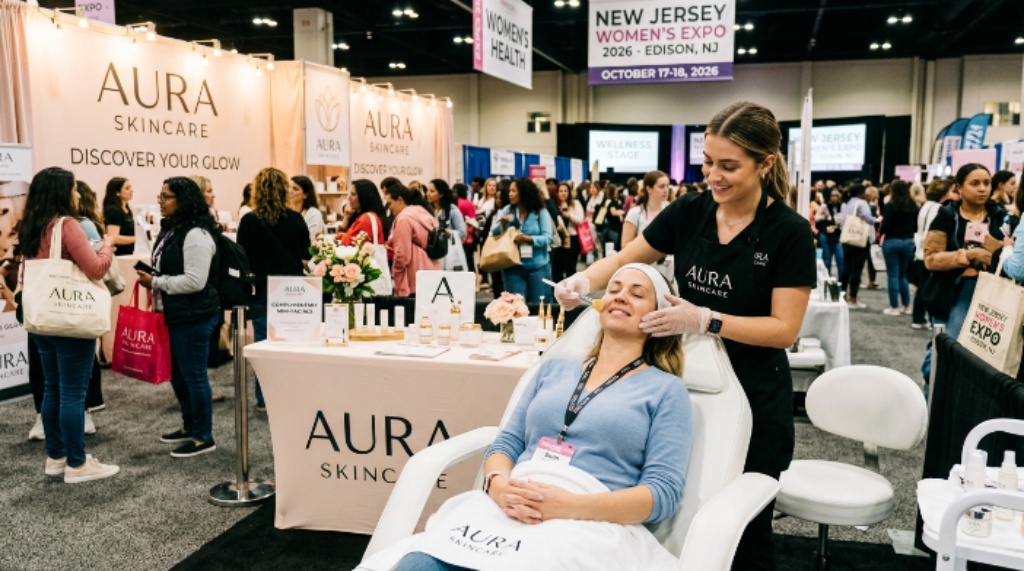 A visitor receiving a complimentary facial treatment at a skincare brand booth during the New Jersey Women's Expo 2026 in Edison, NJ