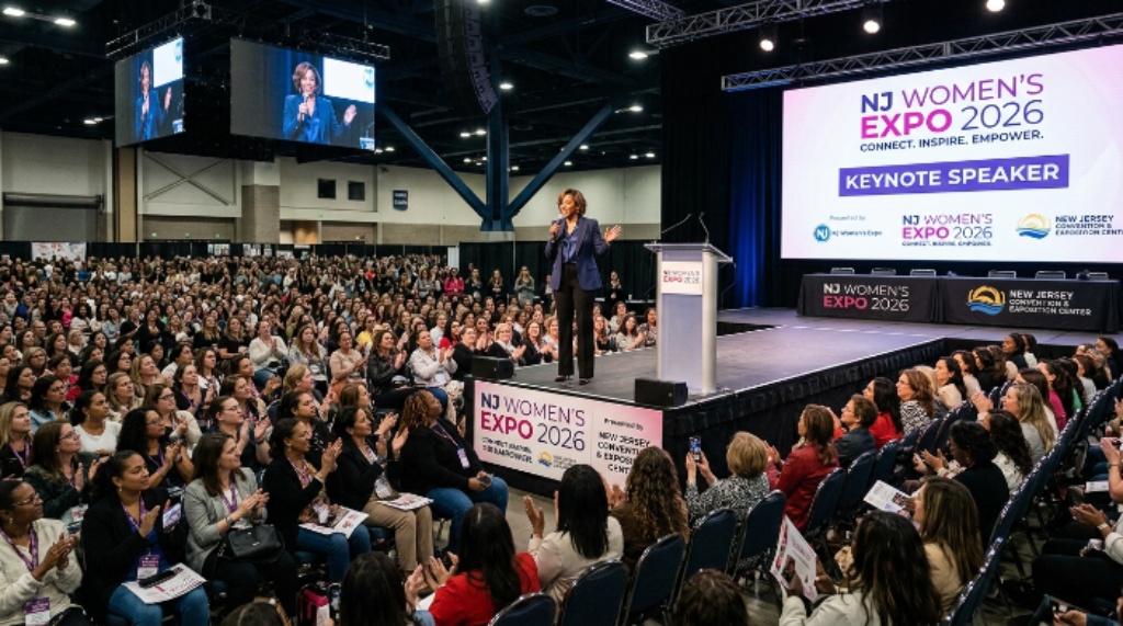 Celebrity keynote speaker addressing a packed audience at the New Jersey Women's Expo 2026 at the New Jersey Convention and Exposition Center in Edison