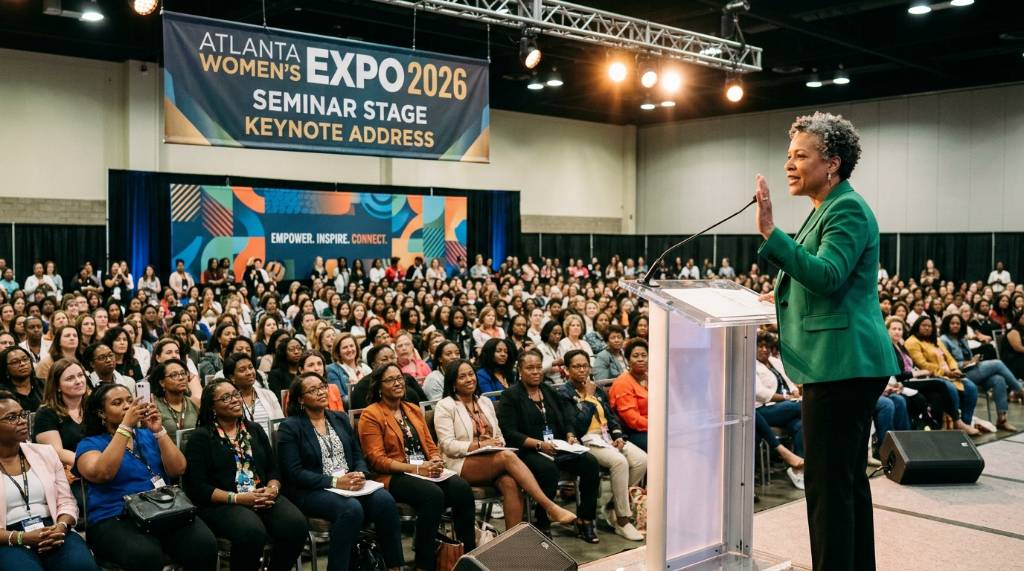 Celebrity keynote speaker addressing a large crowd of women at the Atlanta Women's Expo 2026 seminar stage