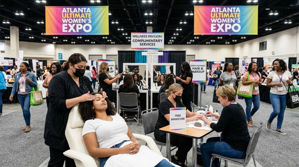 Women receiving complimentary beauty treatments and spa services at the Atlanta Ultimate Women's Expo wellness pavilion