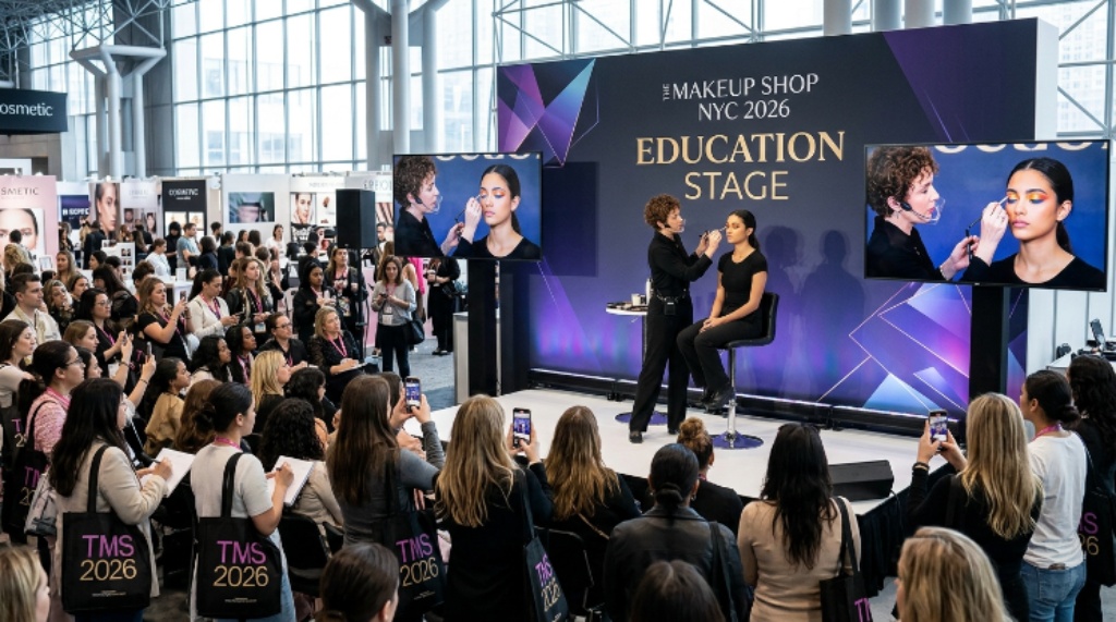 Live makeup demonstration on education stage at The Makeup Shop NYC 2026